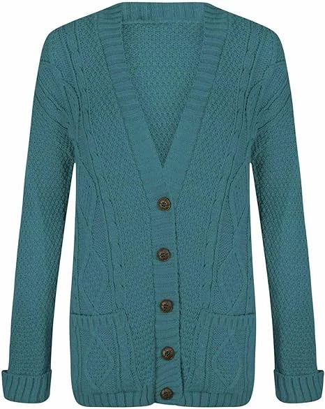 Women’s chunky Aran cable knit button cardigan in Teal color