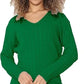 Ladies long sleeve V-neck cable knit jumper in Jade Green color
