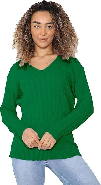 Ladies long sleeve V-neck cable knit jumper in Jade Green color