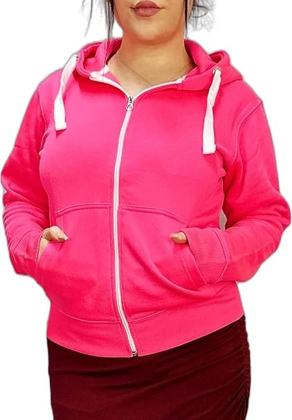 Ladies fleece hooded top with zipper in Neon Pink color