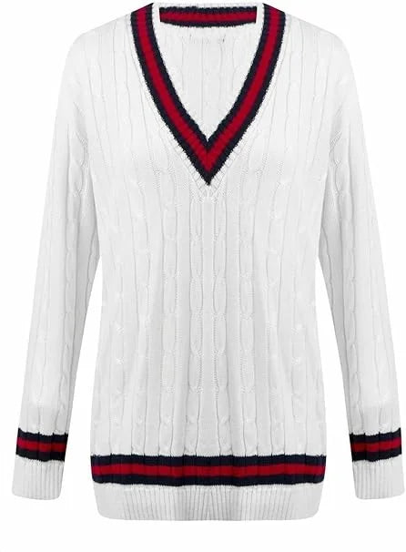 Women’s cable knitted V-neck cricket sweater in White color