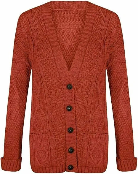 Women’s chunky Aran cable knit button cardigan in Rust color