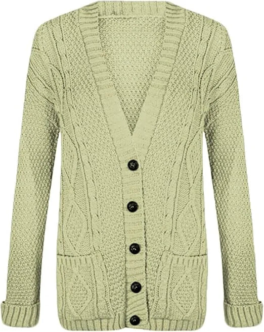 Women’s chunky Aran cable knit button cardigan in Beige color