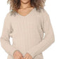 Ladies long sleeve V-neck cable knit jumper in Stone color