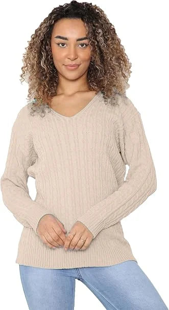 Ladies long sleeve V-neck cable knit jumper in Stone color