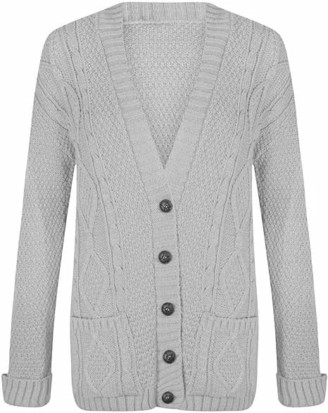 Women’s chunky Aran cable knit button cardigan in Silver color