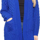 Women’s cable knitted open front cardigan with pockets in Royal Blue color