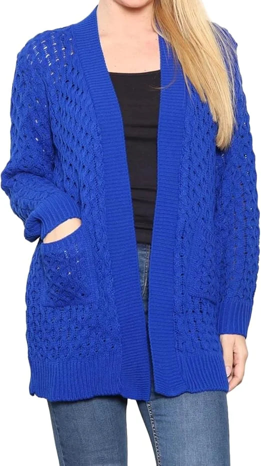 Women’s cable knitted open front cardigan with pockets in Royal Blue color