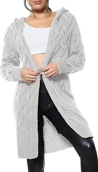 Ladies oversized long hooded cable knit cardigan in Silver color