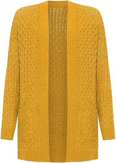 Women’s cable knitted open front cardigan with pockets in Mustard color