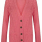 Women’s chunky Aran cable knit button cardigan in Coral color