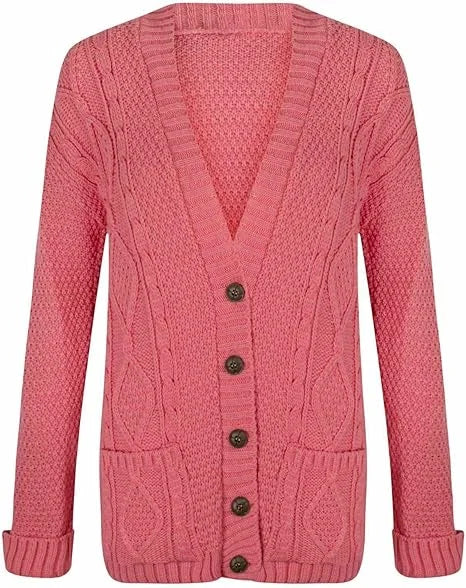 Women’s chunky Aran cable knit button cardigan in Coral color