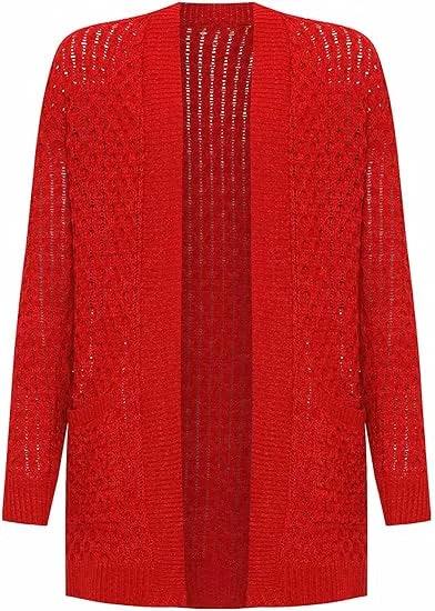 Women’s cable knitted open front cardigan with pockets in Red color