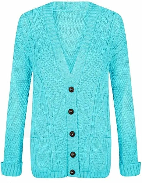 Women’s chunky Aran cable knit button cardigan in Turquoise color