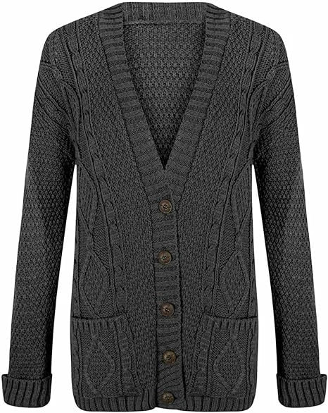 Women’s chunky Aran cable knit button cardigan in Charcoal color