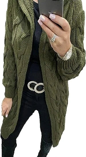 Ladies oversized long hooded cable knit cardigan in Khaki color