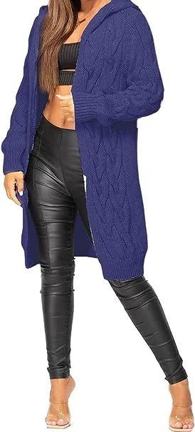 Ladies oversized long hooded cable knit cardigan in Navy color