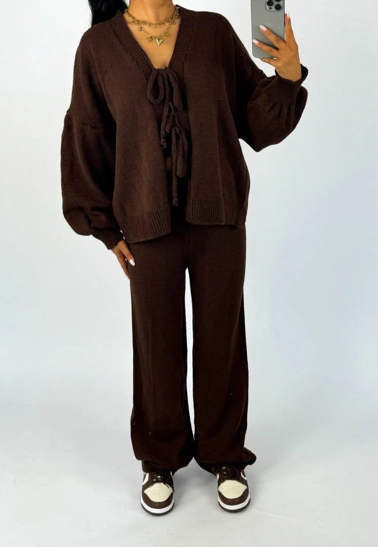 Women’s bow tie front cardigan in Brown color