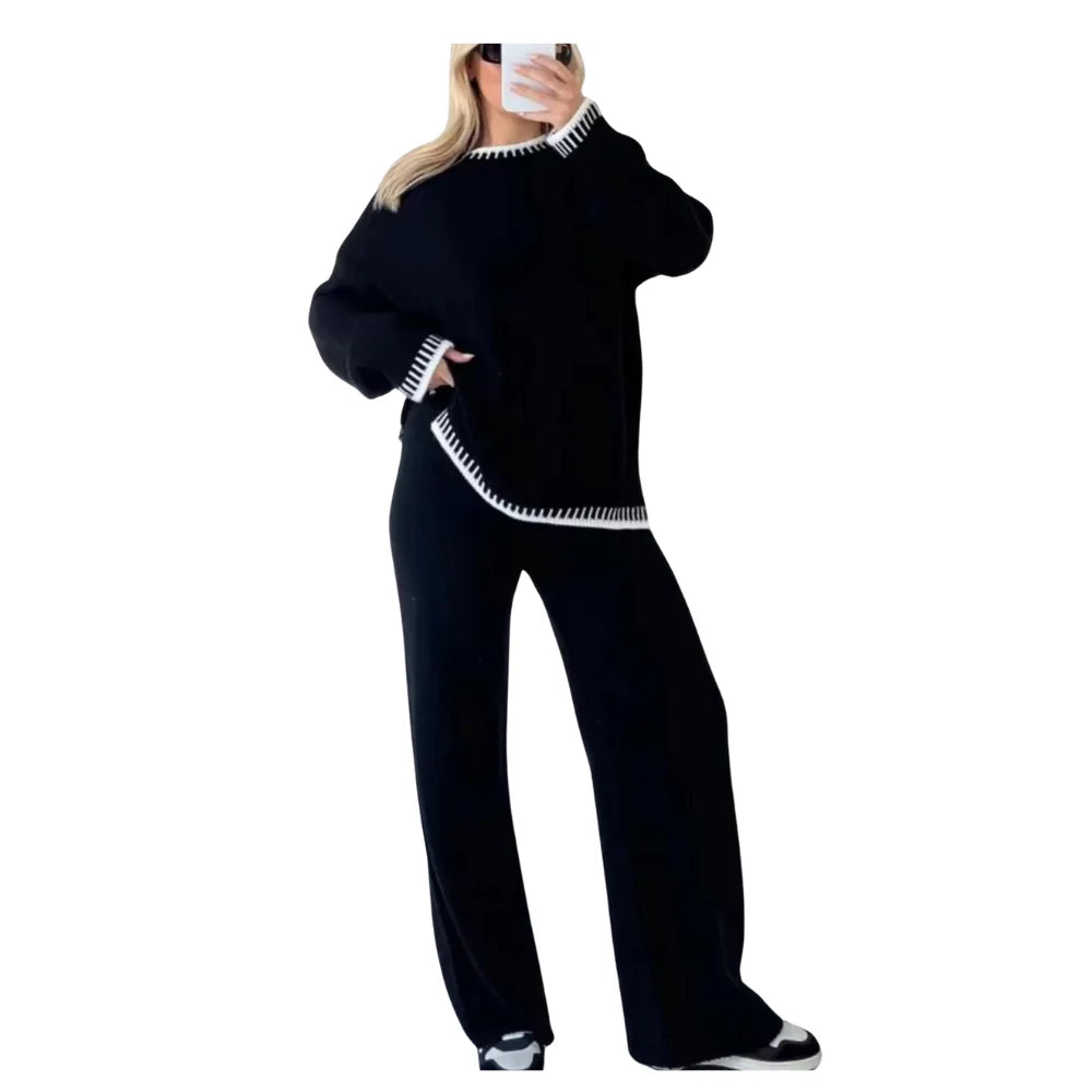 Women’s two piece knit lounge sweater set in Black color