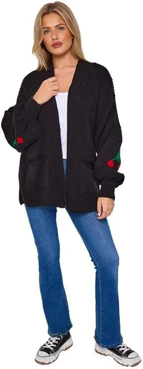 Women’s cherry print knit cardigan in Black color