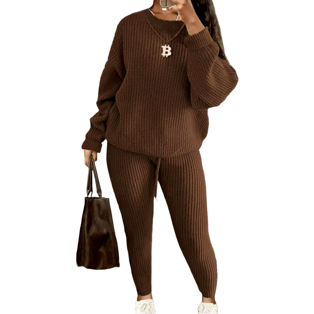 Women’s drop shoulder sweater set in Brown color