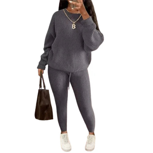 Women’s drop shoulder sweater set in Charcoal color