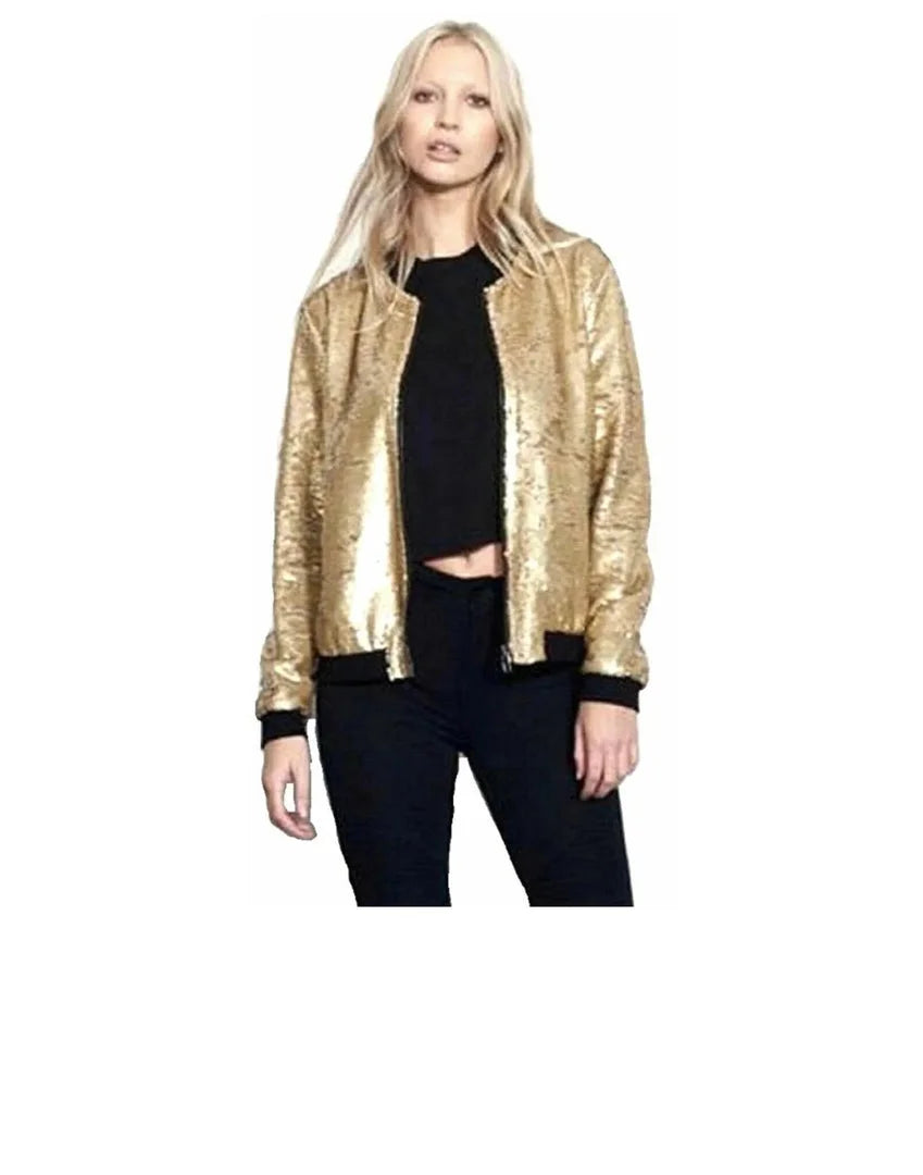 Ladies sequin glitter bomber jacket in Gold color