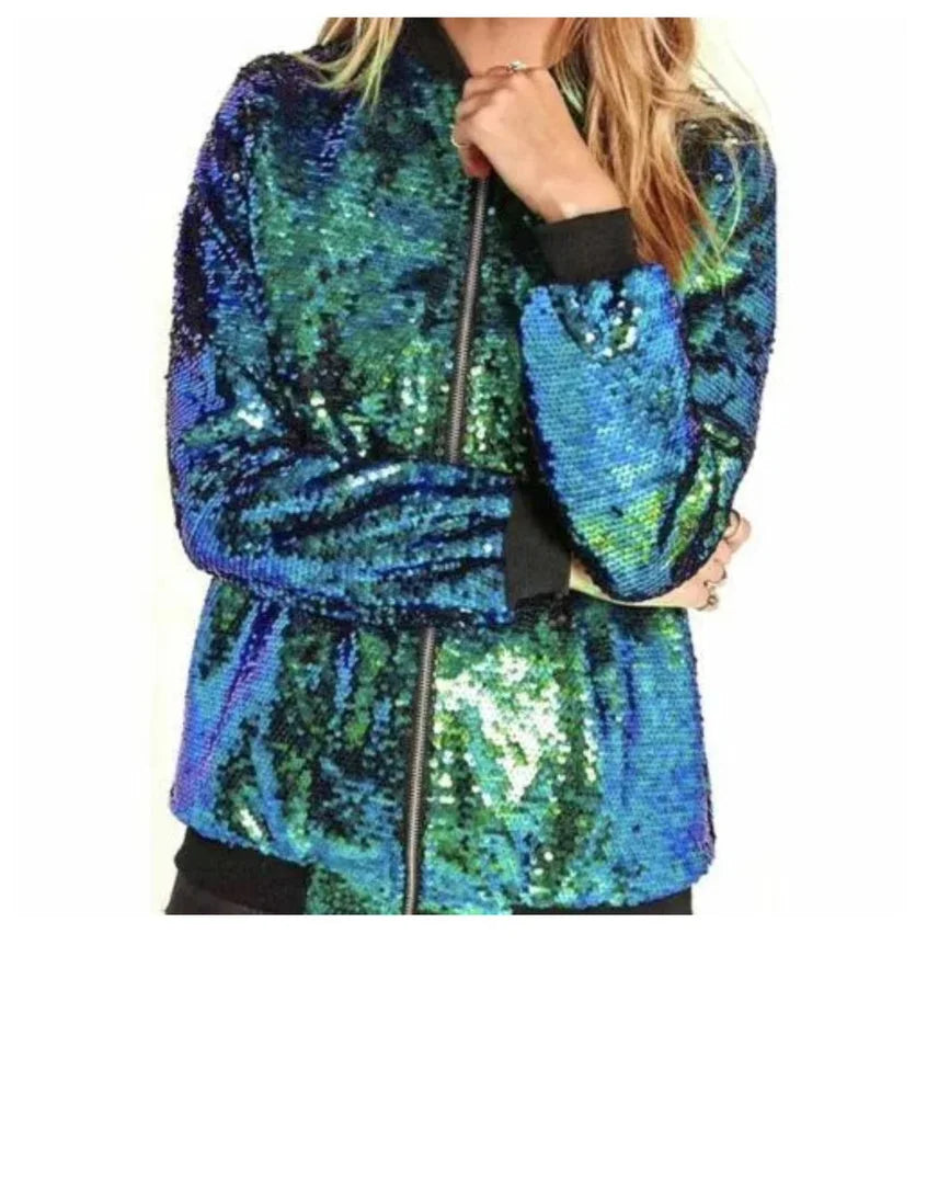 Ladies sequin glitter bomber jacket in Blue color