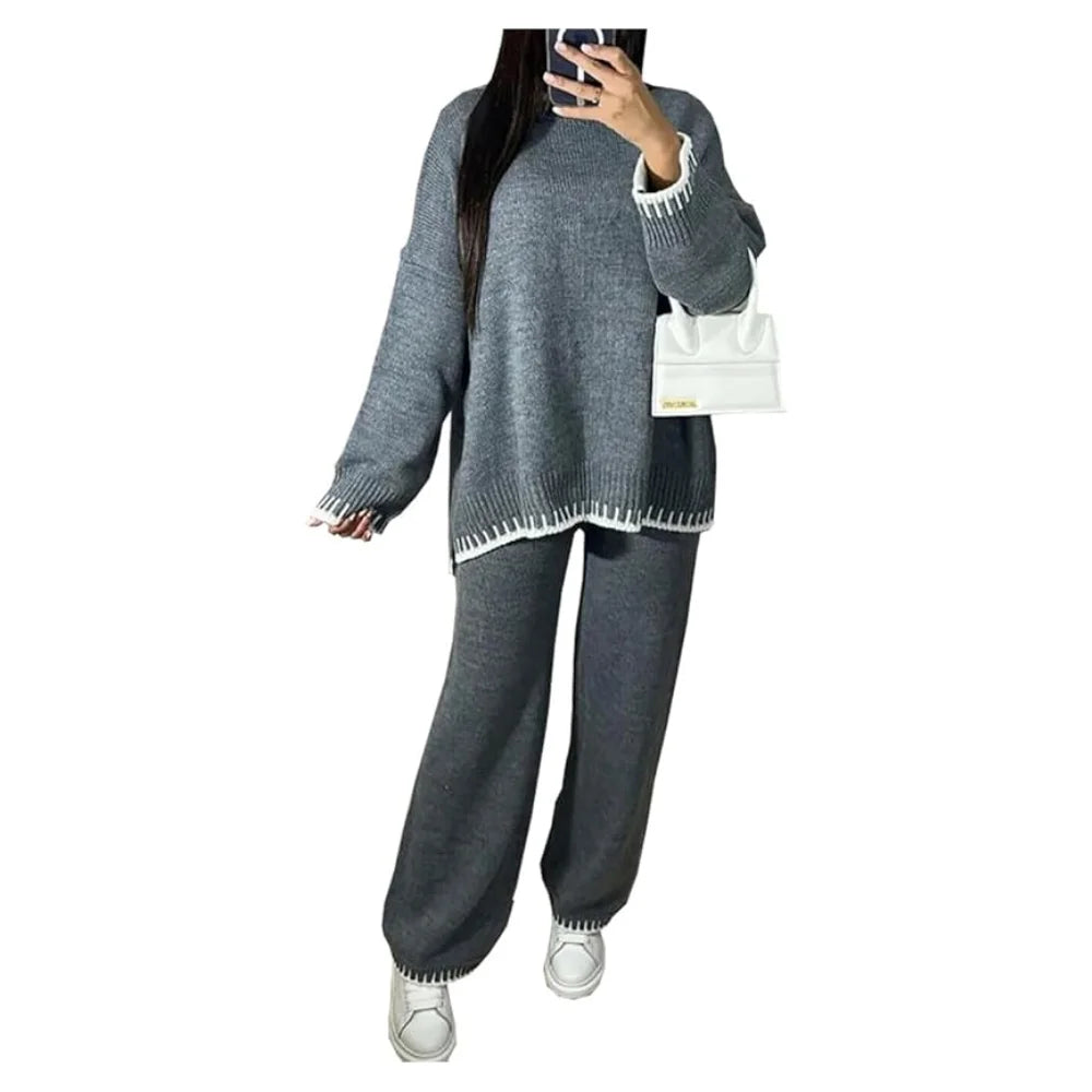 Women’s two piece knit lounge sweater set in Grey color