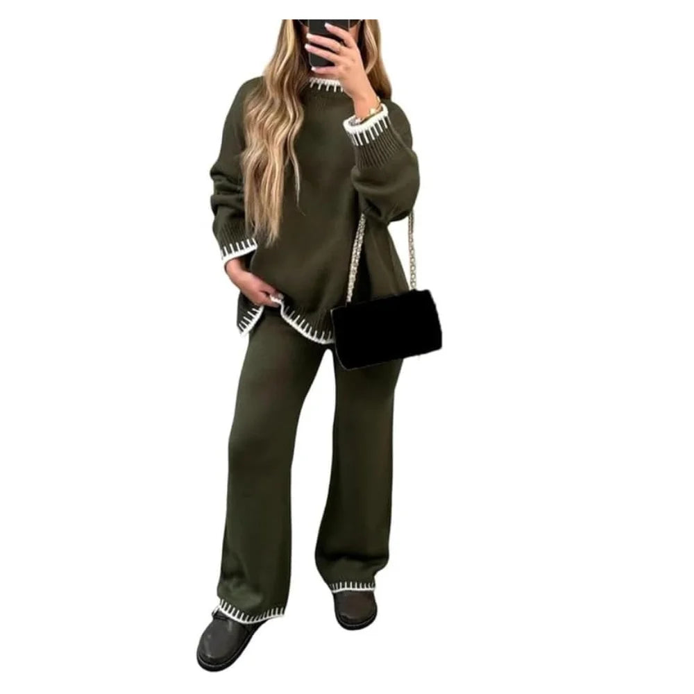Women’s two piece knit lounge sweater set in Khaki color