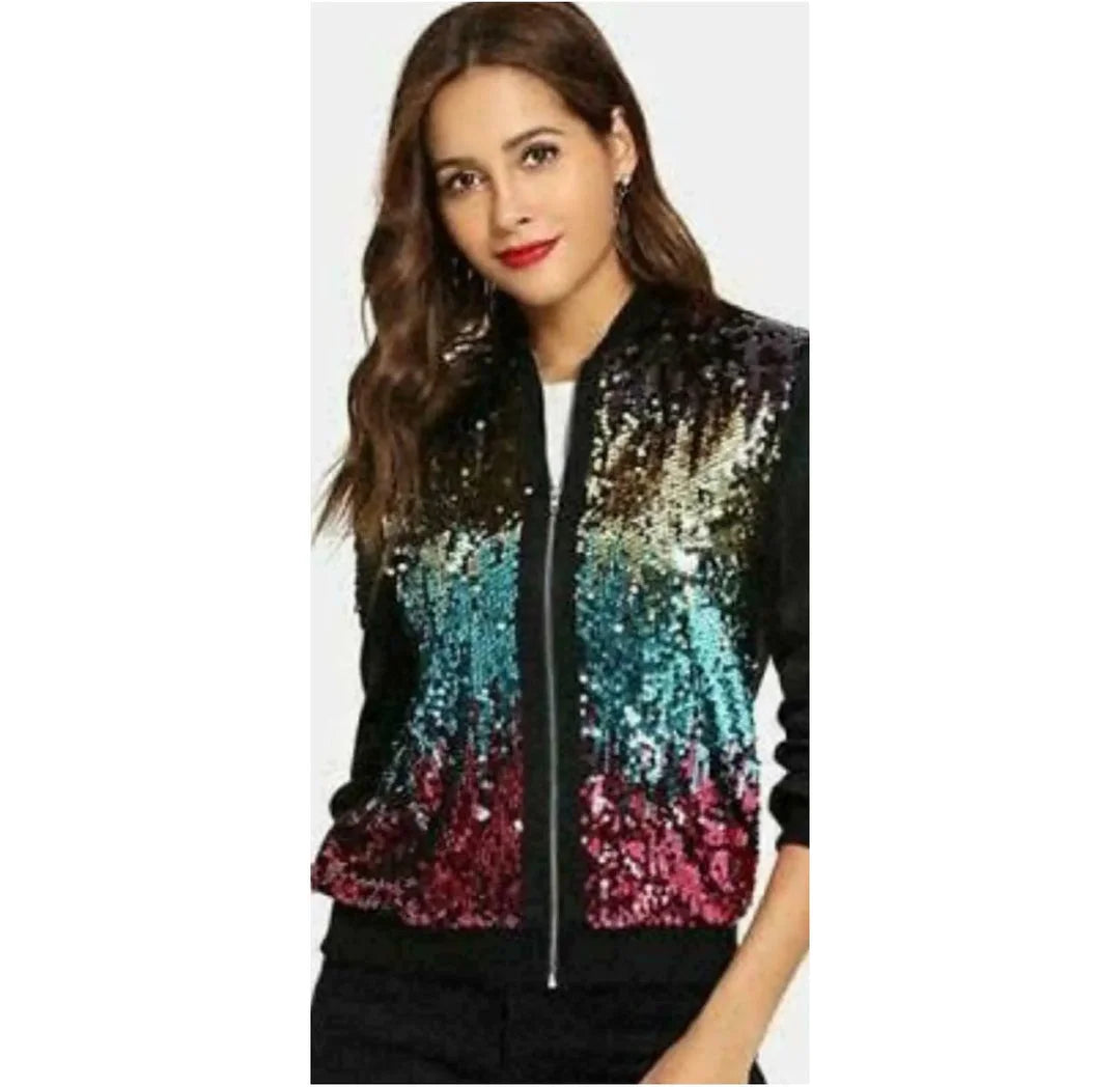 Ladies sequin glitter bomber jacket in Multicolor