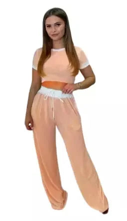Ladies ribbed crop top and trouser co-ord set in Brown color