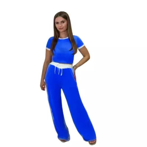 Ladies ribbed crop top and trouser co-ord set in Royal Blue color
