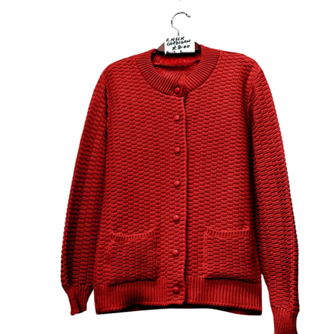 Women’s stitch crew neck cardigan in Red color
