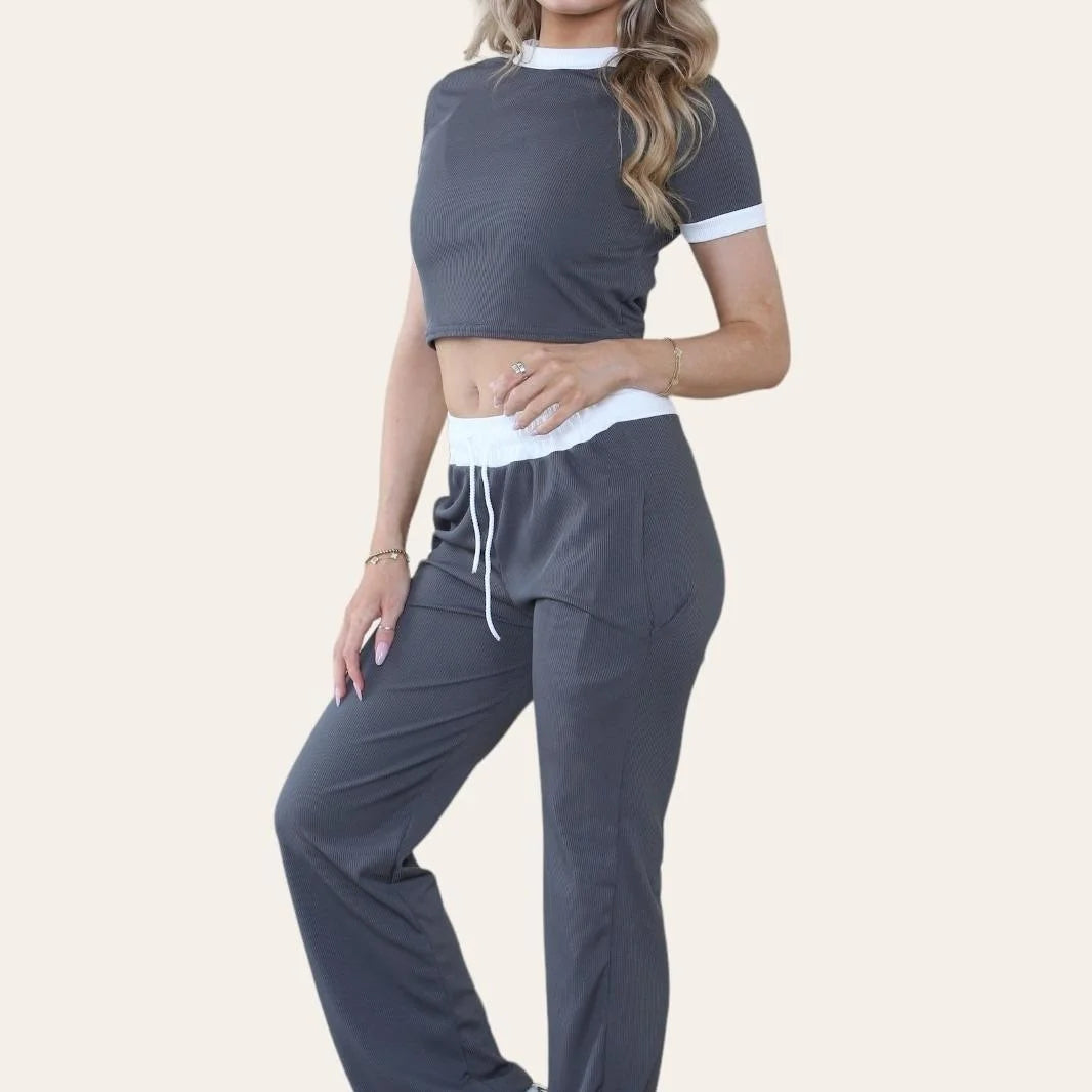 Ladies ribbed crop top and trouser co-ord set in Charcoal color