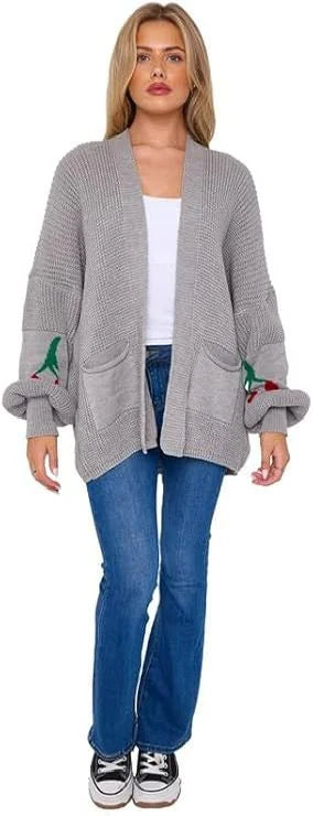 Women’s cherry print knit cardigan in Grey color