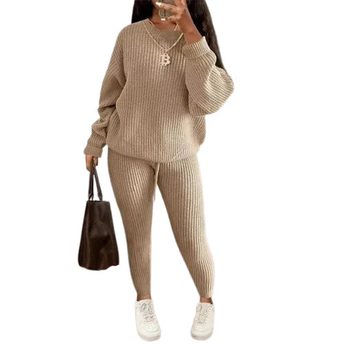 Women’s drop shoulder sweater set in Stone color