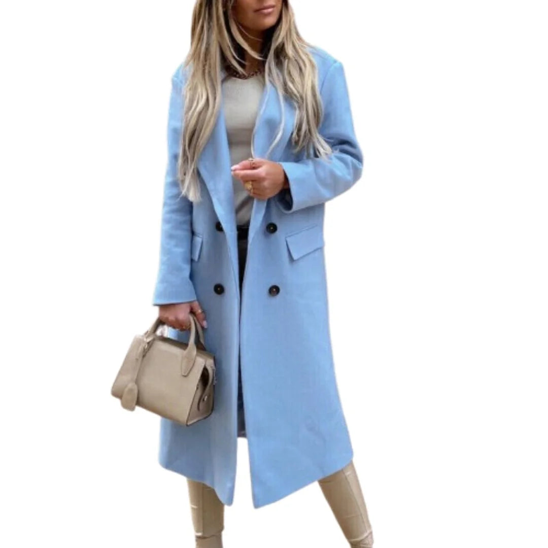 Women's mid-length wool winter coat in Sky Blue color