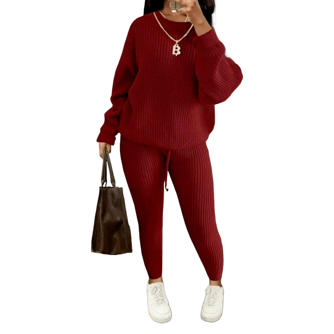 Women’s drop shoulder sweater set in Wine color
