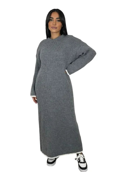 Women’s long knitted dress with contrast edge in Grey color