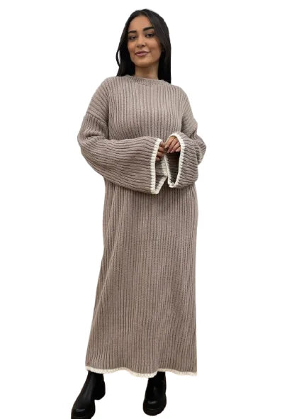 Women’s long knitted dress with contrast edge in Beige color