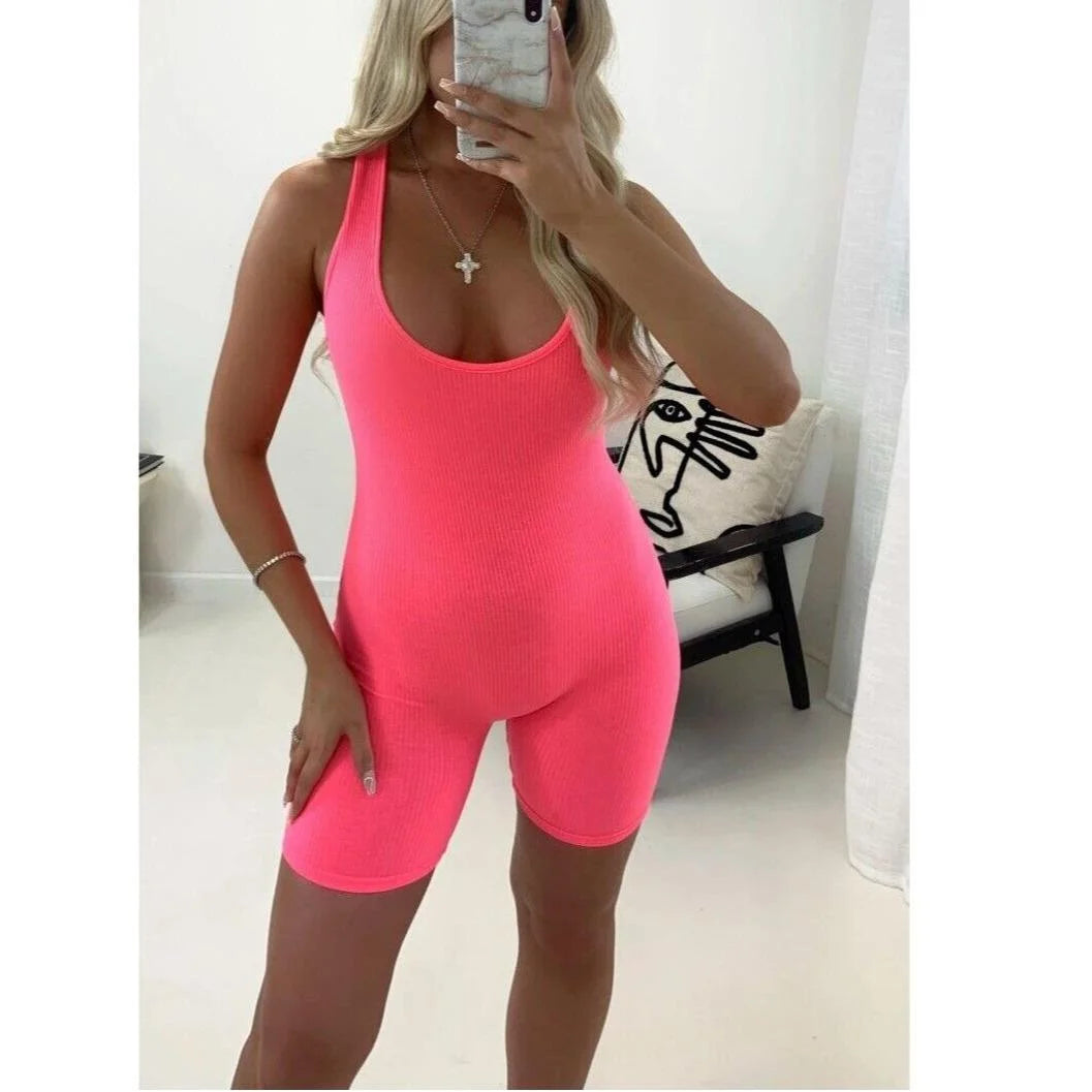 Ladies sleeveless ribbed bodysuit in Neon Pink color