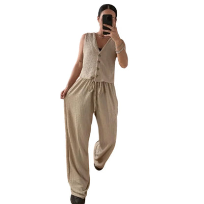 Women’s wide leg pants two piece set in Beige color