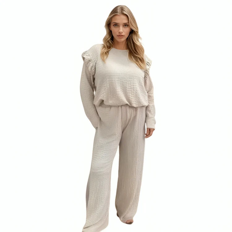 Ladies frill sleeve loungewear set in Beige color