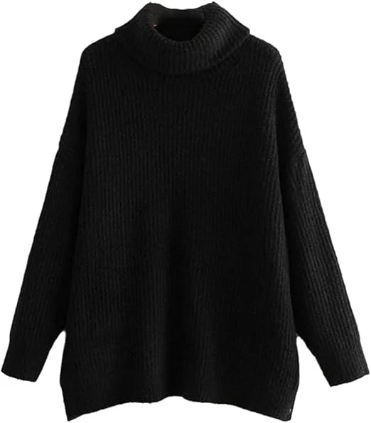 Women’s chunky knitted high roll neck jumper dress in black color