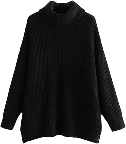 Women’s chunky knitted high roll neck jumper dress in black color