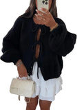 Women’s open front puff sleeve cardigan in Black color