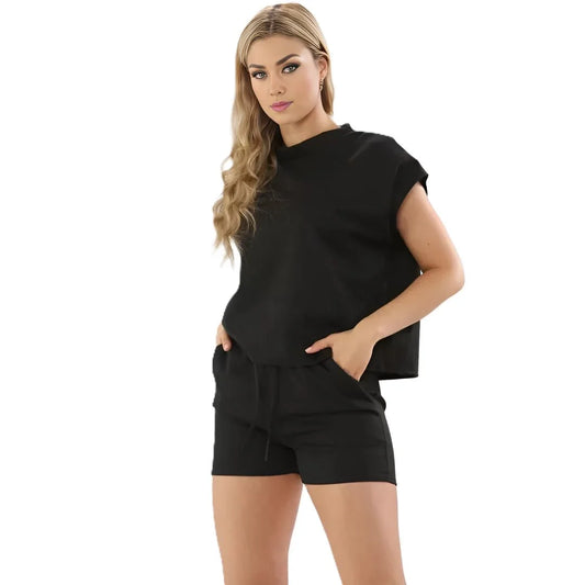 Ladies short sleeve two piece tracksuit in Black color