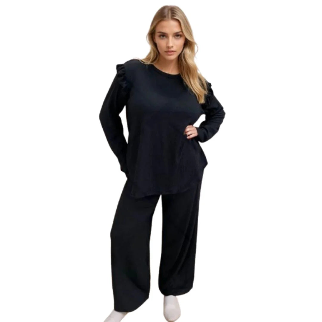 Ladies frill sleeve loungewear set in Black color