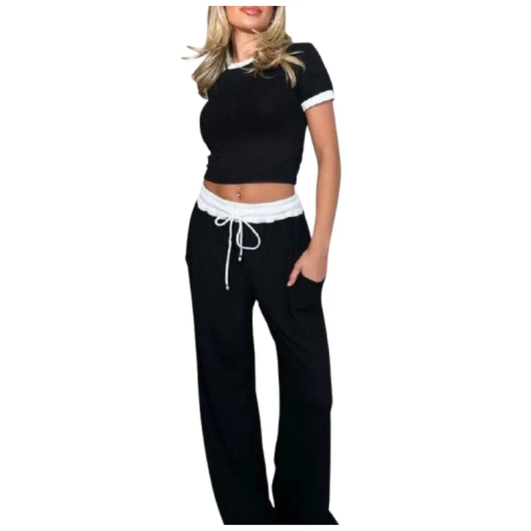 Ladies ribbed crop top and trouser co-ord set in Black  color